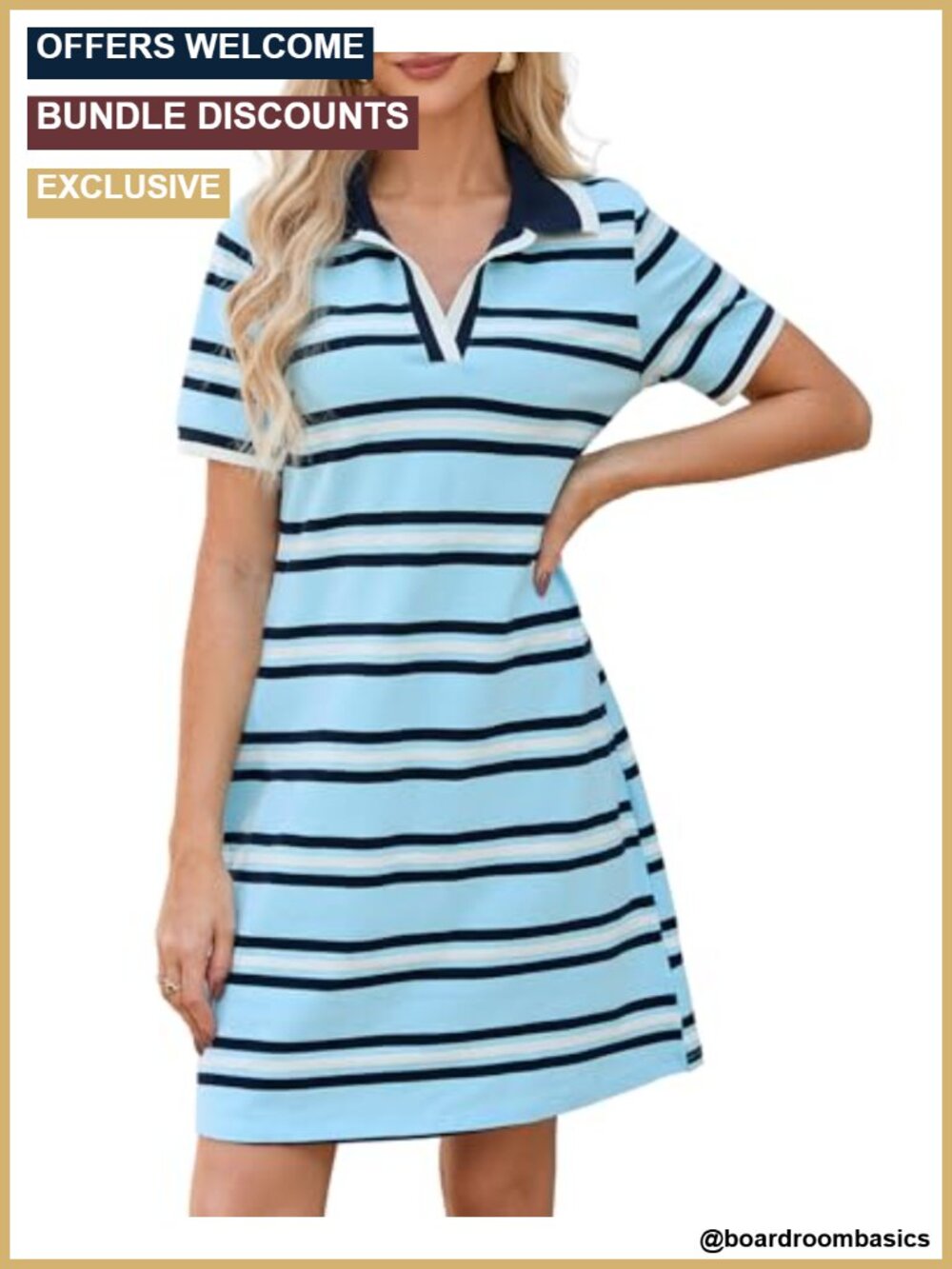 Striped Polo Dress Short Sleeve V Neck Mini Cotton Polyester Summer Casual